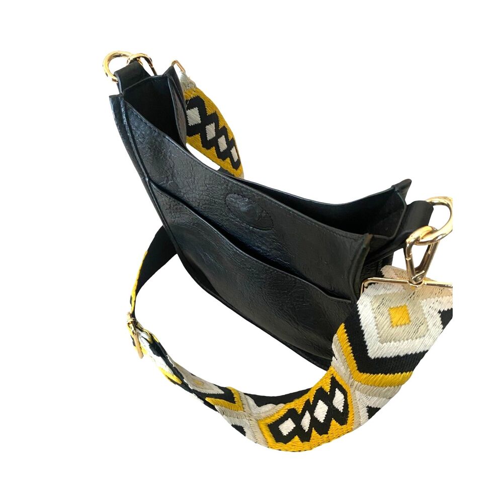 AhDorned Black Vegan Messenger Crossbody Yellow Geometric Guitar Style Strap - Picture 5 of 12